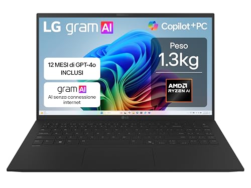LG gram AI 15Z80T: Recensione e Opinioni LG gram AI 15Z80T, Notebook 15.6' FHD (1920x1080), AMD Ryzen AI 7 350, 16GB RAM, 512GB SSD, Ultraleggero solo 1.3 kg, Batteria 72Wh, Windows 11 Home, Copilot, scocca in alluminio, Nero