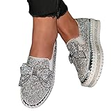 Minetom Sneakers Damen Pailletten Flache Low Strass Sneaker Glitzer Loafers Turnschuhe Outdoor Freizeitschuhe Laufschuhe Schuhe Slip On Walkingschuhe Slipper B Silber 39 EU