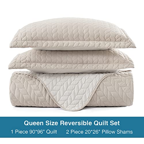 Bysure Reversible 3 Piece Stitch Quilt Set Full/Queen Size (Taupe, 90X96), Lightweight Coverlet All Season Brushed Microfiber Bedspread, Light Brown Quilt With 2 Pillow Shams #TOP3