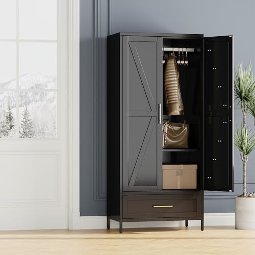 Image of Aobabo Metal Wardrobe Cabinet with 1 Drawer, 71 inch H Metal Wardrobe Closet with 1 Adjustable Shelf and Hanging Rod for Home, Laundry Room, Bedroom, Black,Installation Required,