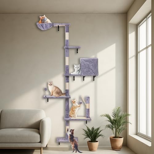 Tiragraffi grande altezza del soffitto, tenditore da parete per gatti, albero da arrampicata a parete, 6 piani, con 5 colonne tiragraffi, amaca, grotta, letto largo, palla, tiragraffi (viola grigio)