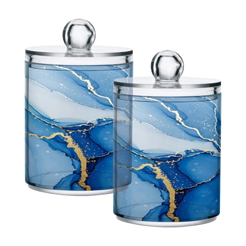 Mnsruu 2 Pack Qtip Holder Organizer Dispenser Blue White Marble Wave Bathroom Storage Canister Cotton Ball Holder Bathroom Containers for Cotton Swabs/Pads/Floss