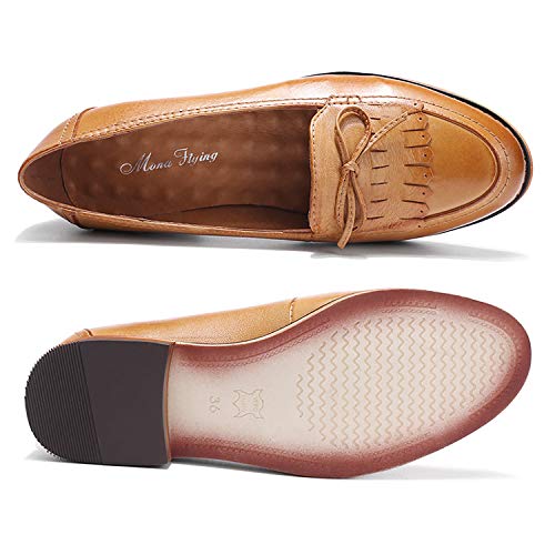 Image of Mona flying Women's Leather Tassel Loafers Slip on Flat Office Work Shoes