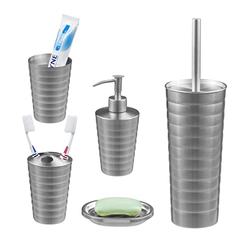 Relaxdays Badezimmer Set, 5-teilig, Badaccessoires Edelstahl gebürstet, komplette Badezimmerausstattung, modern, Silber