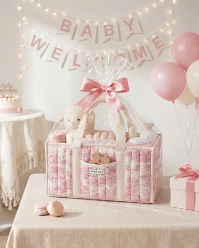 Image of Blissful Diary Toile Diaper Caddy Organizer, Stylish Nursery Storage Basket, Gift for Baby Shower, Newborn Essentials, Registry Search Must Haves, Pink Toile