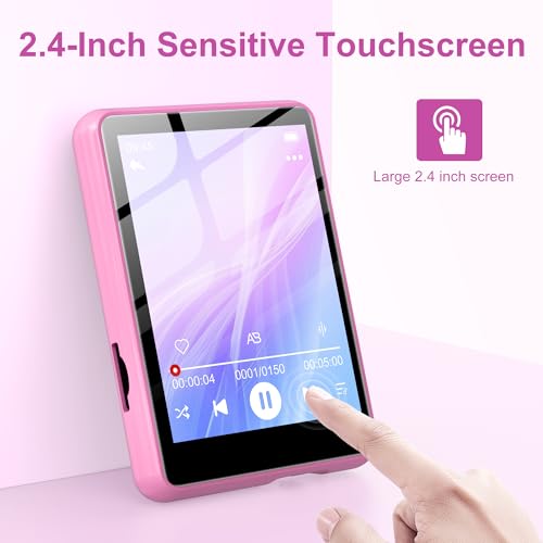 Image of SWOFY 128GB MP3 Player with Bluetooth 5.4, 2.4 inch Portable HiFi Music Player with FM Radio,HD Speaker,E-Book, Support up 512GB Earphones Included for Travel, Gym, Hiking, Sports Running- Pink