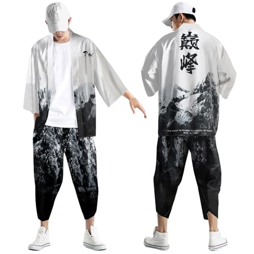 Conjunto de kimono de dos piezas para hombre, 2 piezas, kimono japonés, traje de verano, manga 3/4, camisa, chaqueta, pantalones, estilo chino, cárdigan y pantalones estampados, A blanco., XXL
