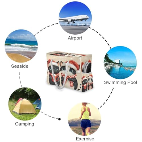 Large Beach Bags Totes Canvas Tote Shoulder Bag Cat Christmas Water Resistant Bags for Gym Travel Daily3
