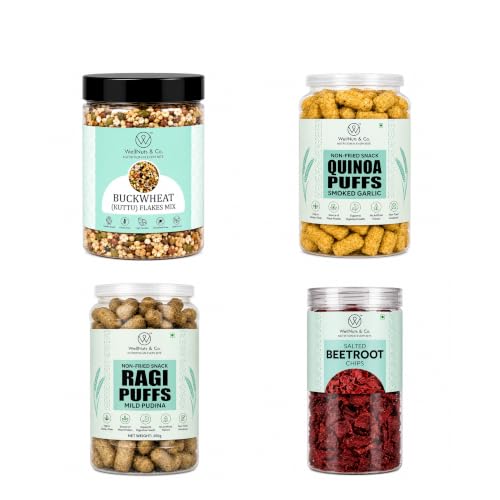 Image of WellNuts & Co. Healthy Snack Combo Pack of 4 |Buckwheat Flakes Mix - 200g, Quinoa Puffs Smoked Garlic - 200g, Ragi Puffs Mild Pudina - 200g, Salted Beetroot Chips - 150g| Roasted & Ready to Eat Snacks | High Protein & High Fiber Combo | Snacks for Healthy Everyday