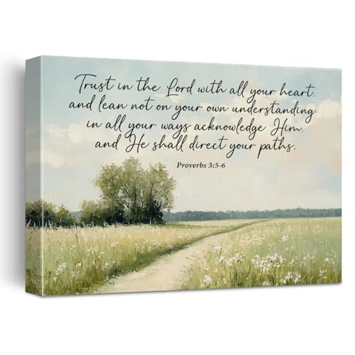 Christian Canvas Wall Art Decor Trust in the Lord with All Your Heart Proverbs 3:5 Scripture Poster Print Picture Bible Artwork Framed for Home Living Room Bedroom Decor, 11.3x14.9 Inches