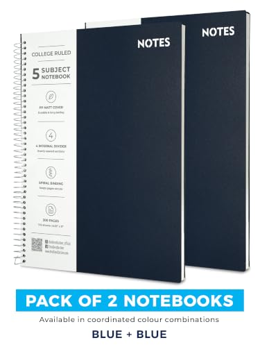 Image of DOODLE Focus Flow 5 Subject Spiral Notebook Set of 2 | Dark Blue + Dark Blue | 200 Sheets Each, College Ruled Paper | Multi Subject Notebooks with Dividers & Water Resistant Covers