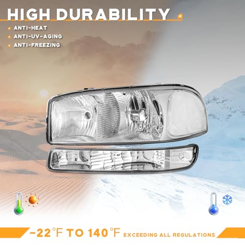 WEELMOTO headlights Assembly for 1999 2000 2001 2002 2003 2004 2005 2006 GMC Sierra 1500 2500 3500/99-06 GMC Yukon/ 00-06 GMC Yukon XL,Chrome Housing Clear Reflector, Headlights Assembly Replacement by WEELMOTO - Image 5