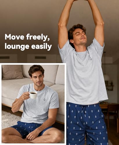 Image of Yoimira Mens Soft Pajama Set Short /Long Sleeve 2 Piece PJs with Pockets | Men's short /long sleeve pajama set, soft 2 piece PJs with pockets for sleepwear, loungewear, relaxing at home and nightwear