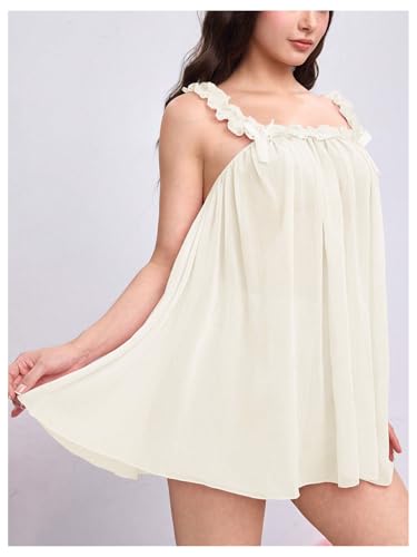 Image of MakeMeChic Women's 2 Piece Lingerie Mesh Cute Valentine Pajama Set Ruffle Bow See Through Vintage Nightgown Sleepwear