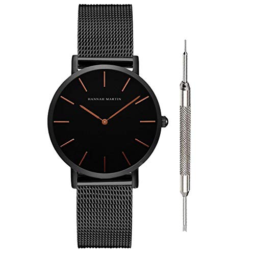 Hannah MRTIN 36MM Montre à Quartz pour Femme avec Bracelet en Maille étanche (Noir) Cover