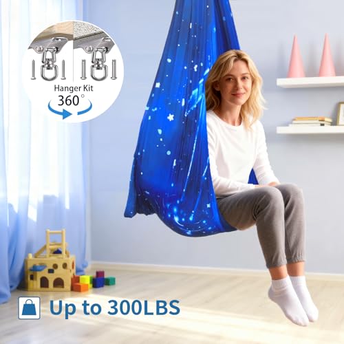 Image of Sensory Swing for Kids & Adults with 360 Swivel Hanger Kit, Double Layer Elastic Therapy Swing Holds up to 300lbs for Autism, ADHD,Aspergers, and SPD (Blue Whale)