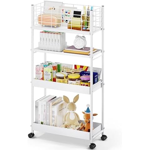 KINGRACK Slim Storage Cart, 4-Tier Metal Utility Rolling Cart with Wheels, Narrow Shelving Unit, Skinny Storage Rolling Organizer, Storage Trolley Cart for Office Kitchen Bathroom Narrow Place, White Cover