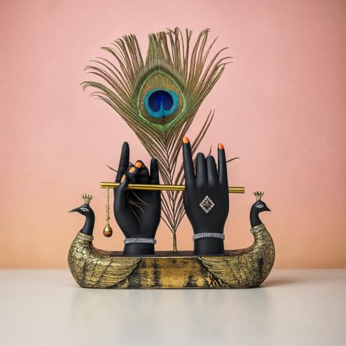 Image of Mariner's Creation Decorative Krishna Hand Showpiece with Metal Flute and Peacock Feather for Home Decor Living Room and Pooja Room and Gift, Black and Gold Base, 23x6x15 cm, Religious Home Decor