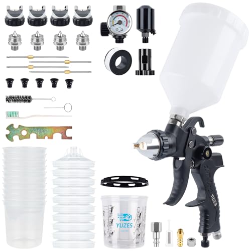 YUZES HVLP Spray Gun Kit – 4 Nozzles (1.4/1.7/2.0/2.5mm), Air Spray Gun for Painting Cars, Furniture & DIY, 10 Disposable Paint Gun Cups & 600ml Mixing Cup with Ratio, Oil-Water Filter & Air Regulator