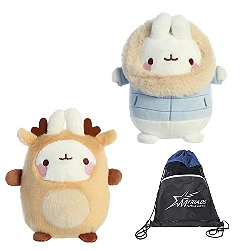 Aurora Set of 2 Plush: 6" Reindeer Molang and 6" Winter Jacket Molang Stuffed Toys with Myriads Draw