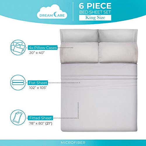 Image of DREAMCARE King Size Sheets Set - 6 pcs Breathable Cooling Sheets King Size | up to 21 inch Extra Deep Pocket King Sheet Set with Side Pockets - Extra Soft 100% Double Brushed Hotel Luxury Bedding -LightGray
