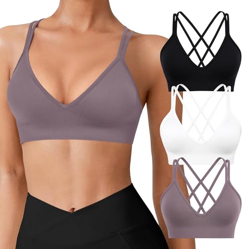 Image of VEQKING Seamless V-Neck Cross Back Women Sports Bra for Small Chest, 3 Pack | Made for A-C Cups, Spaghetti Straps, Removable Padded, Comfort Wireless for Low Impact Workout: Yoga, Lounging & Daily Wear
