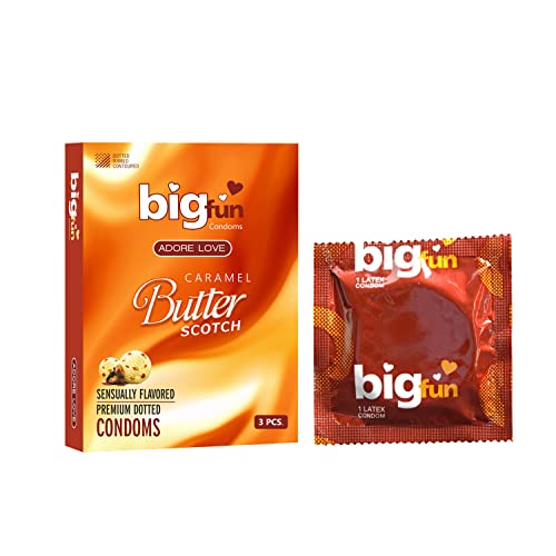 Image of Bigfun Butterscotch Flavoured Condoms for Men | Combo Pack of 30 | Dotted, Ribbed & Contoured | 10 Each | Lubricated