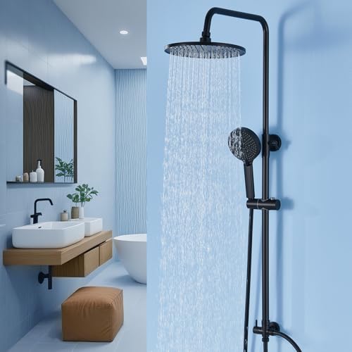 Black Rainfall Shower Head and Hose Set 10 Rainfall Shower with Adjustable 65CM-110CM Slide Bar 4-Function Handheld with Jet Flexible Black Shower Hose Universal Bathroom Fixtures Easy Retrofit