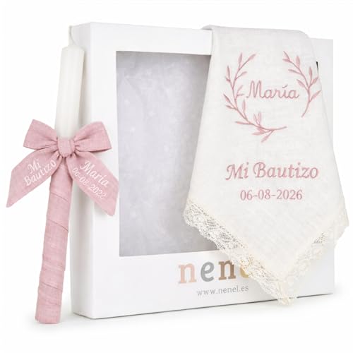 Kit de vela e lenço personalizado para batismo – Pack de vela decorada para Batismo e Pano bordado com nome e data do Batismo - Modelo Bambula (Rosa maquilhagem)