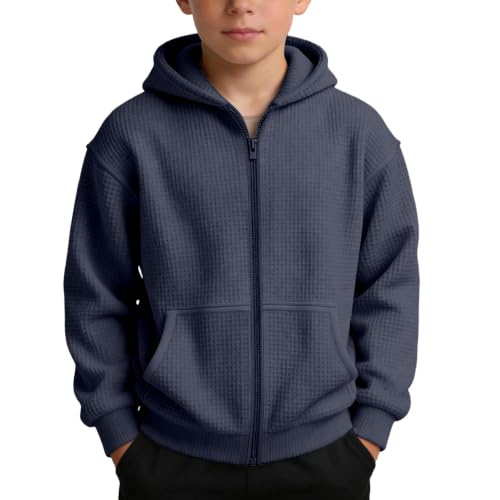 Boys Zip Up Hoodie Waffle Knit Kids Sweatshirt Jacket with Hood Size 8-10 - image 2
