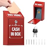 Metal Pay Here Box with Lock, Secure Donation and Suggestion Box, Wall Mounted Honesty Boxes for Farm Stands, Small Business, Weatherproof and Rust-proof, Include 2 Keys, Mounting Hardware (red)
