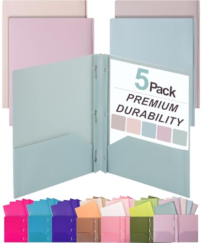 Mr. Pen- Plastic Folders with Pockets and Prong, 5 Pack, Muted Pastel...