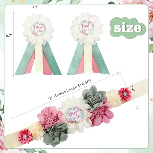 Image of Dusty Rose and Sage Green Baby Shower Maternity Sash Kit, Dusty Pink Gender Reveal Belly Belt and Mom To Be Dad To Be Corsage Pins, New Parent Pregnancy Announcement Photo Prop Party Supplies