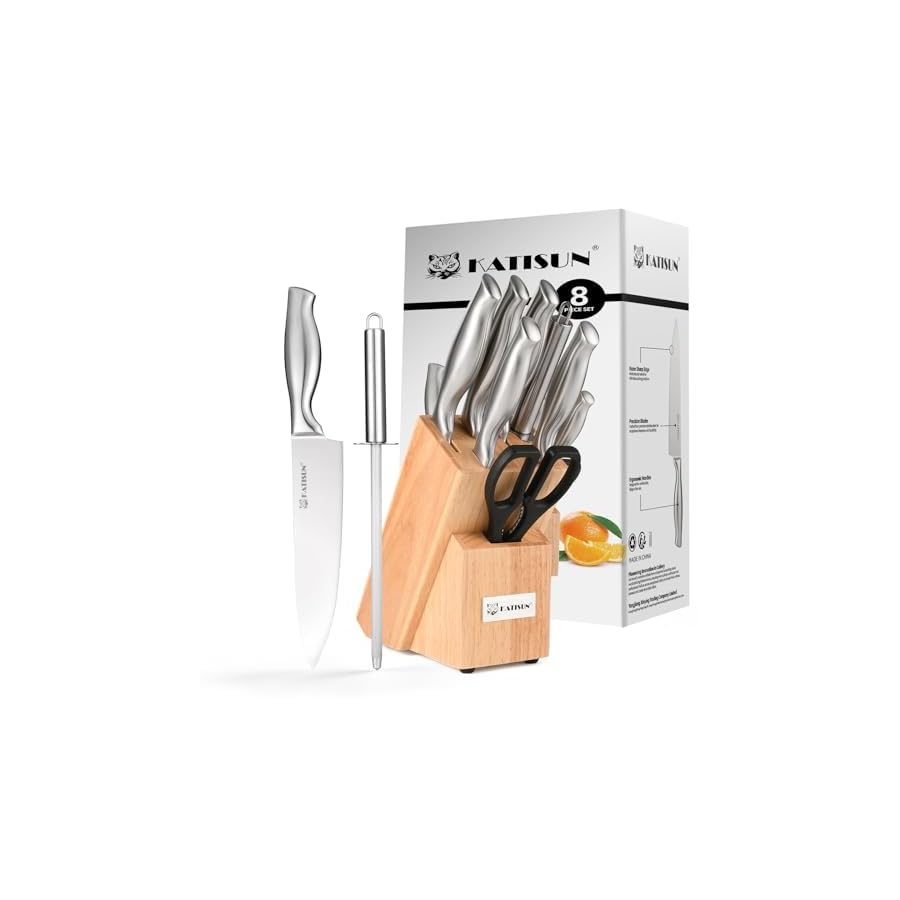 KATISUN 8 Piece German Steel Knife Set With Block, Ergonomic Handle Chef Knives, Sharpener and Shears for Chopping, Slicing and Cutting