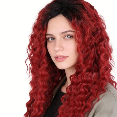 Image of GNIMEGIL Womens Long Curly Wig Vibrant Red to Black Ombre, Full Voluminous Curls, Synthetic Fiber Hairpiece for Cosplay, Halloween, Parties & Photoshoots