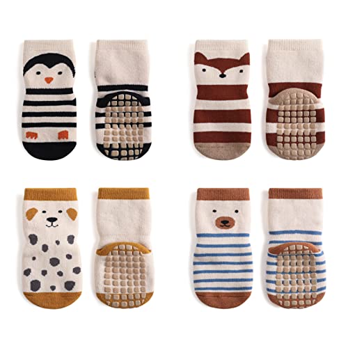 amo nenes Baby Rutschfeste Socken Stoppersocken für Kinder Mädchen Jungen Kleinkinder 4 Paar Kindersocken Anti Rutsch Wintersocken Baumwolle Antirutschsocken, 0-1 Jahre