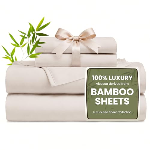 Image of Love's cabin 4 Piece Full Size Sheet Set, 100% Rayon Derived from Bamboo, Cooling & Breathable, Soft Silky Deep Pocket up to 16 inch, Hotel Luxury Bedding for Hot Sleepers, Sand