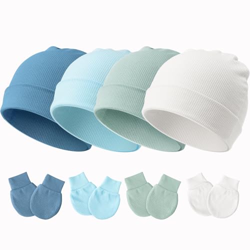 Image of BQUBO Baby Hats and Mittens Infant Cotton Beanie Gloves No Scratch Set Newborn Hospital Hat for Boys Girls