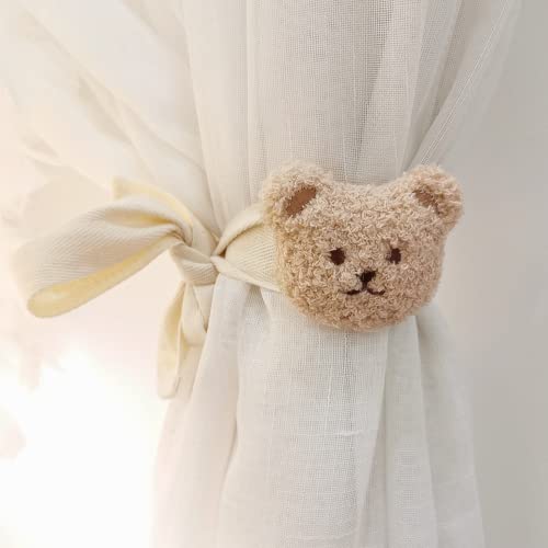 Image of 2 Pack Cute Curtain Tiebacks Cartoon Bears Embroidered Animal Shape Bedroom Accessories(Beige)