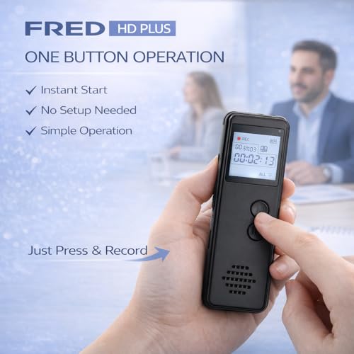 Image of FREDI HD PLUS Voice Recorder, Digital Audio Recorder for Meetings, Lectures & Students, Portable Recording Device with Mic & Speaker, 32GB TF Card, One Button, Voice Activated (VOR), USB Rechargeable