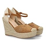 100070 Alpargata de Mujer con Cuna de Esparto y Diseno Bordado Decorativo en la Punta, Cierre de Hebilla. Ideal para Mujer Temporada de Primavera Verano Camel Talla 35