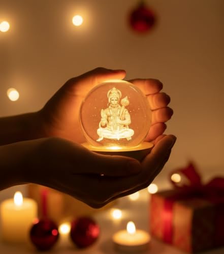 Image of 3D Hanuman Crystal Ball LED Night Lamp, Spiritual Engraved Design with Wooden Base, Decorative Night Light for Home Mandir, Gift (Hanuman)