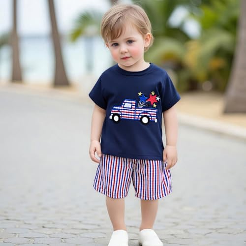 Image of 4th Of July Toddler Boy Outfit Popsicle American Flag T-Shirt and Gingham Plaid Shorts Set Independence Day Clothes