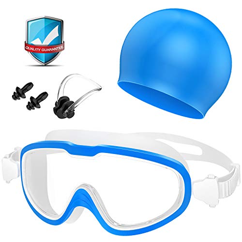 Gafas de Natación, Profesional Anti Niebla Sin Fugas Protección UV Marco grande Gafas Natación con Libre Clip de Nariz Enchufe de oído Gorro de baño para Hombres Mujeres Adultos Niños de la Juventud
