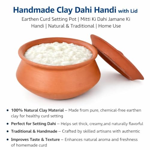 Image of Handmade Clay Curd Pot with Lid | Earthen Yogurt Setting Handi | Mitti Ki Dahi Jamane Ki Handi | Natural & Traditional (2000 Gram)