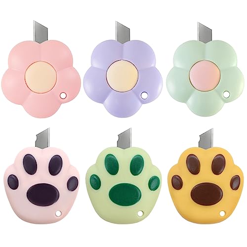 CIOUYAOS 6pcs Brieföffner, Mini Cuttermesser Klein Paketöffner Utility Knife, Sicherheits Box Cutter für Clean Girl Aesthetic Schule Büro Haus Stuff (3 Katter 3 Blumen)