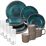 ✅ MELAMIN GESCHIRRSET 20 TEILE FÜR 4 PERSONEN MIT HOT-MUG TASSEN UND POLYCARBONAT TRINKGLÄSER: - in Grün mit Terracotta - klare Polycarbonat Trinkgläser - braune Hot-Mug Tassen aus ABS bis 90°C und Antislip-Funktion - Oberfläche uneben und wellig - ideal für Camping, Outdoor, Picknick oder Festival