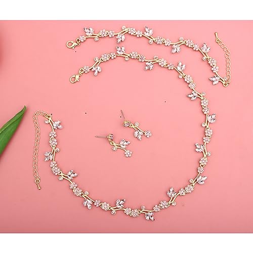 QLLYHLH Brides Bridesmaid Flower Leaf Choker Necklace Dangle Earrings Link Bracelet Austrian Crystal Wedding Jewelry Set for Prom Costume Party Accessories for Woman(Pink-Gold Plated)2