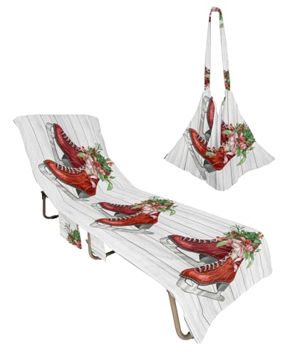 Christmas Beach Lounge Chair Towel Cover, Soft Chaise Lounge Towel with Side Pockets Patio Pool Chairs Cover for Beach/Pool Sunbathing 29x85 Vintage Wooden Xmas Pink Cones Botanical