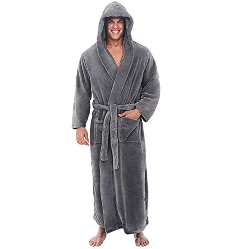 VEKDONE Mens Warm Flannel Fleece Hooded Robe & Shawl Collar Full Length Soft Big and Tall Plush Bathrobe(Grey,Large)